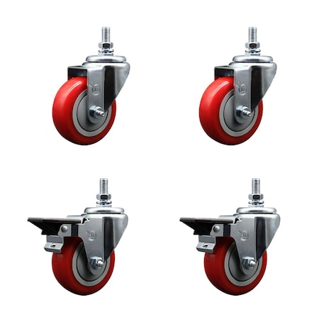 Service Caster 35 Inch Red Polyurethane 12 Inch Threaded Stem Caster Set 2 Brakes SCC SCC-TS20S3514-PPUB-RED-121315-2-PLB2